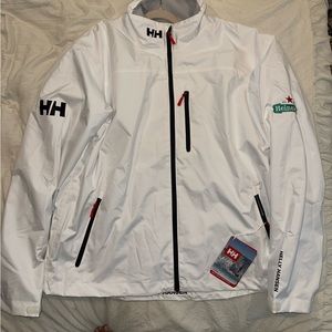 NWT HELLY HANSEN CREW MID LAYER JACKET WHITE WITH HEIKEN LOGO ON RIGHT SLEEVE